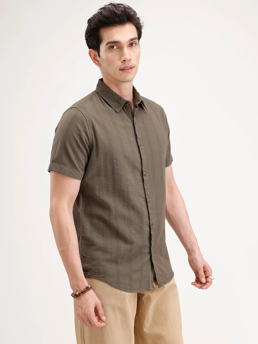 Slim Fit Textured Half Sleeve Shirt | Olive - Image 4