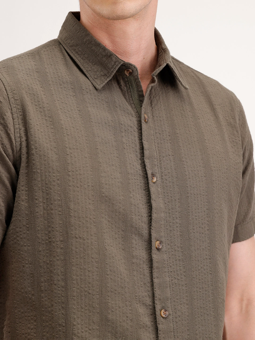 Slim Fit Textured Half Sleeve Shirt | Olive - Image 5