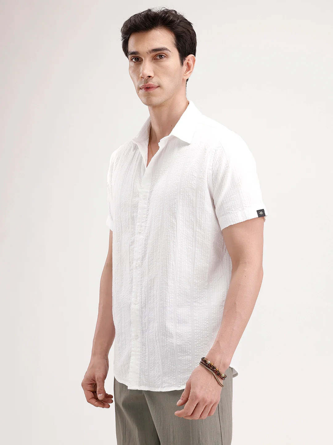 Slim Fit Textured Half Sleeve Shirt | White - Image 4