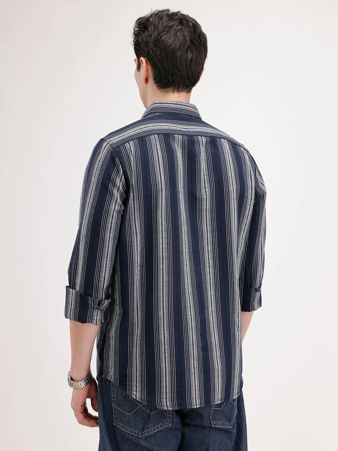 Slim Fit Textured Striped Shirt | Navy Blue - Image 3