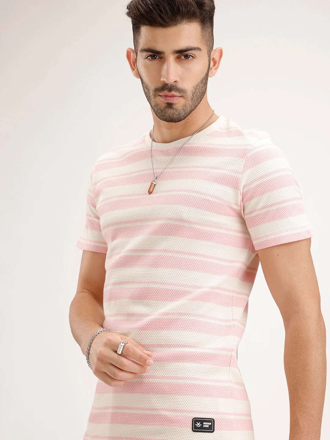Slim Fit Textured Striped T-Shirt | Pink