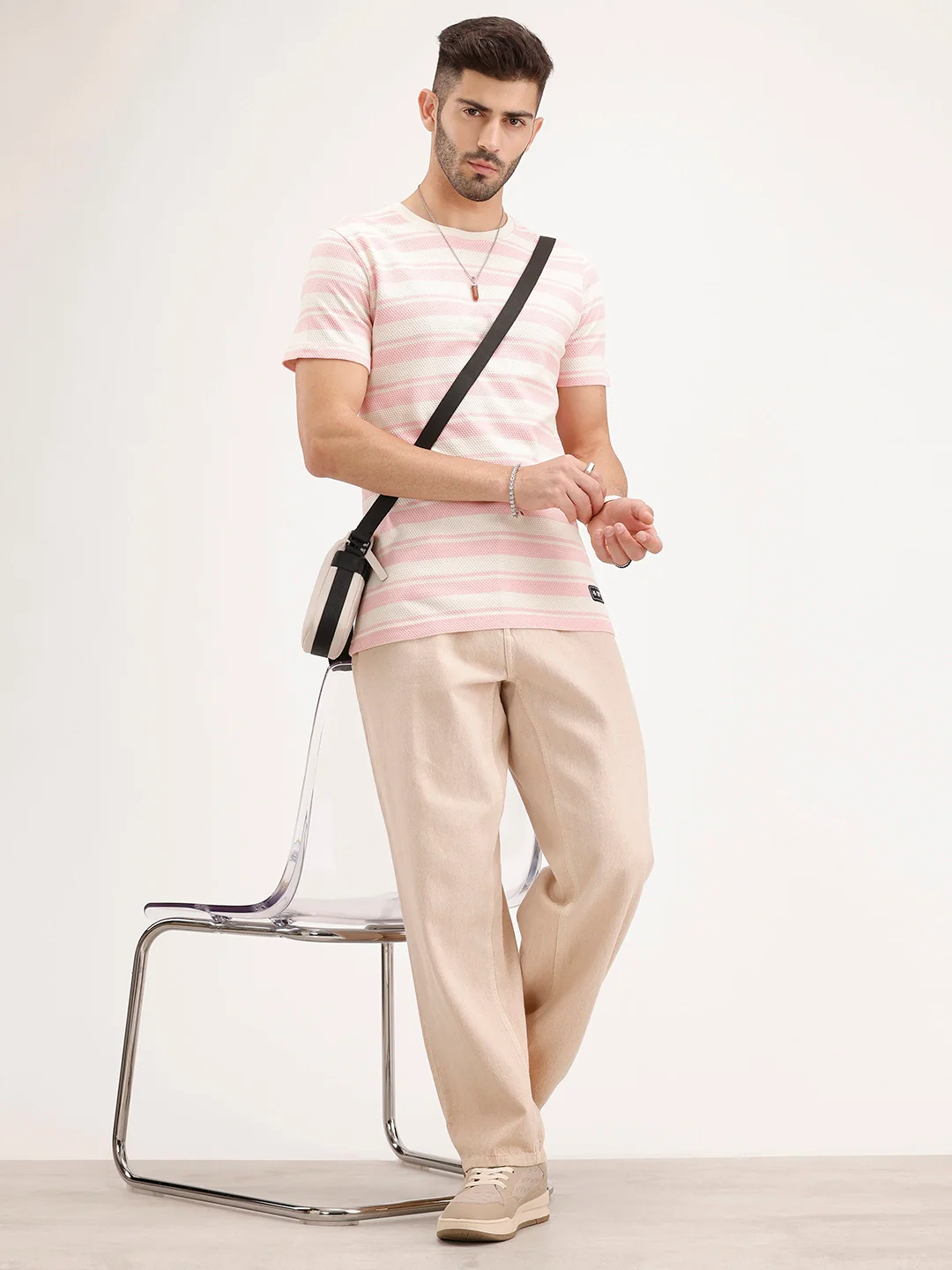 Slim Fit Textured Striped T-Shirt | Pink - Image 2