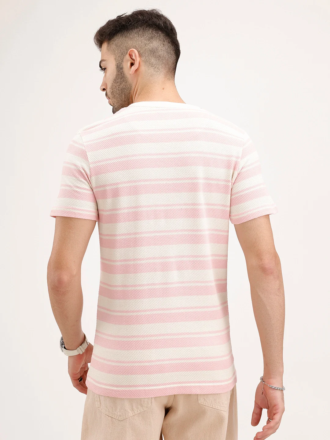 Slim Fit Textured Striped T-Shirt | Pink - Image 3