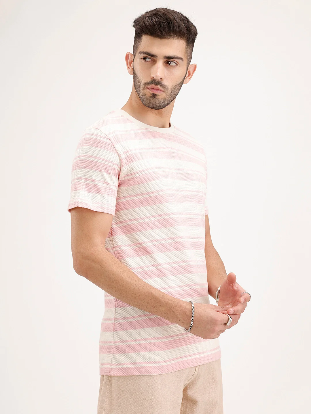Slim Fit Textured Striped T-Shirt | Pink - Image 4