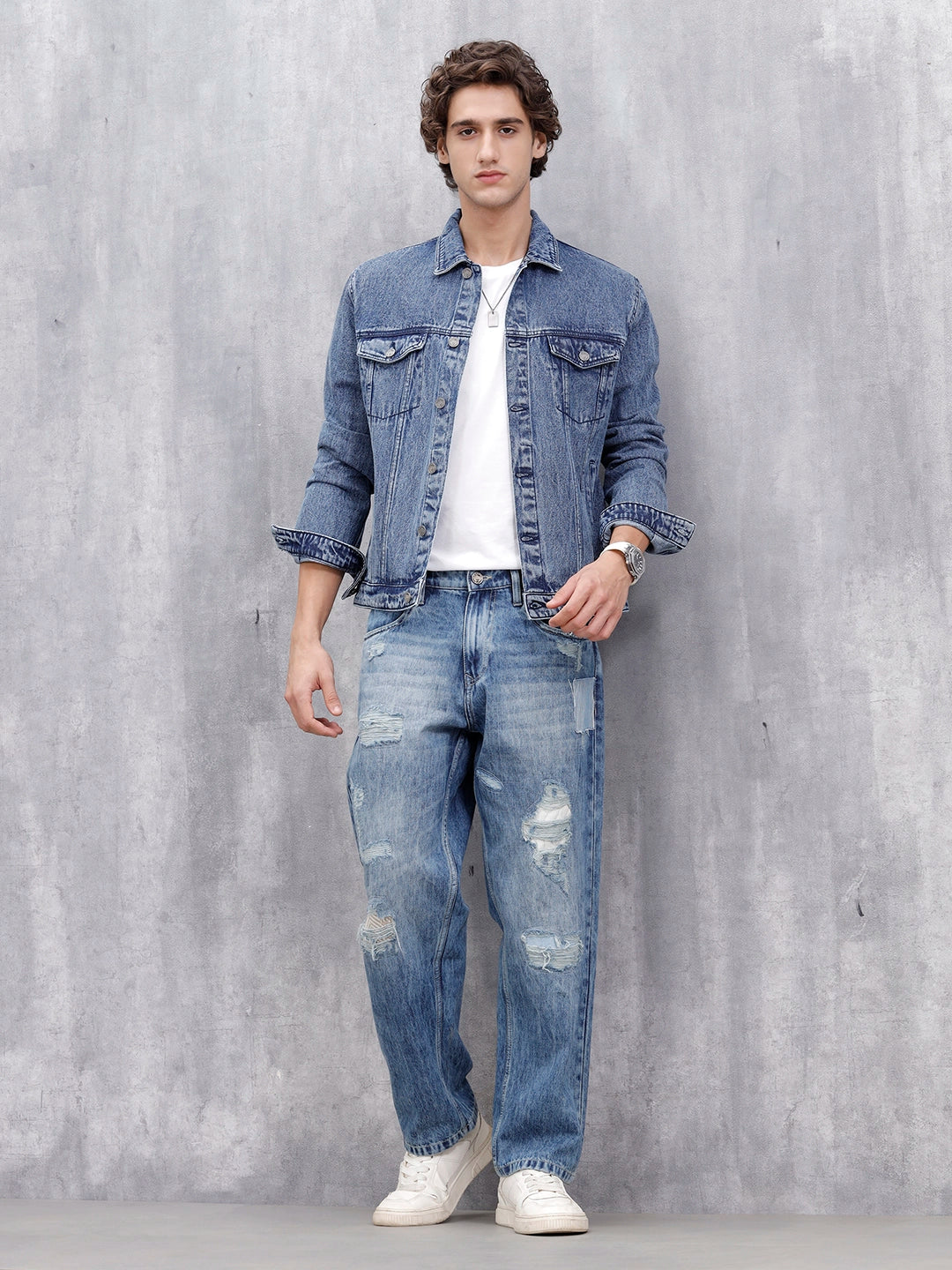 Slim Fit Wrogn Appliqued Denim Jacket | Med Stone - Image 2