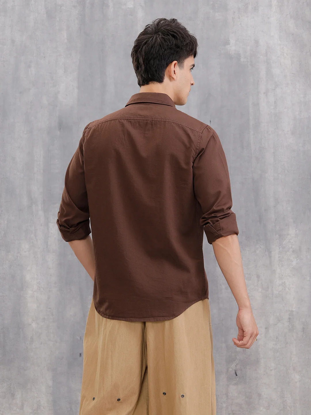 Solid 100%Cotton Regular Fit Shirt | Brown - Image 3