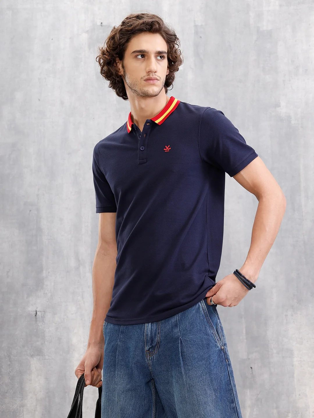 Solid Contrast Collar Polo T-Shirt | Navy Blue