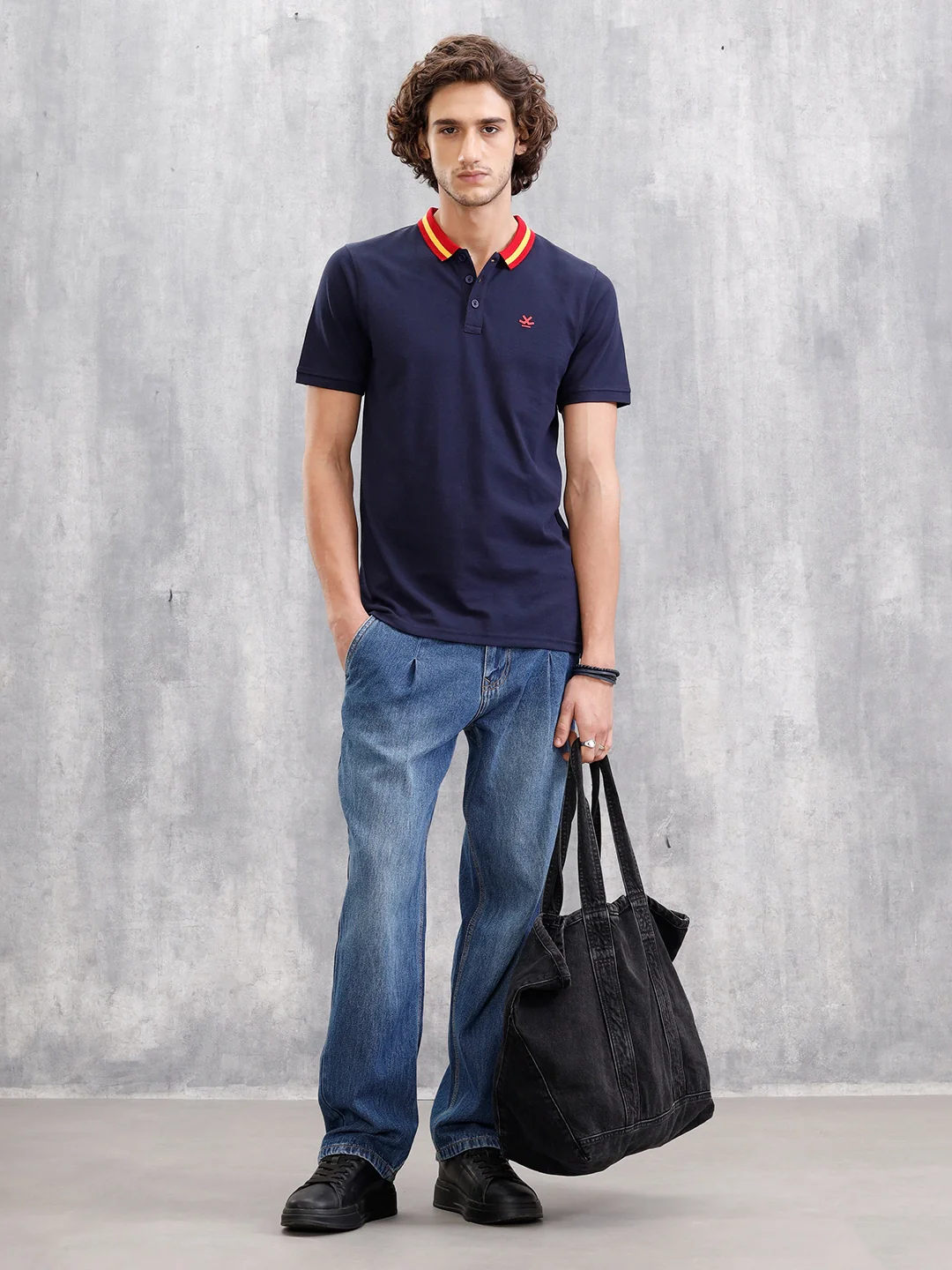Solid Contrast Collar Polo T-Shirt | Navy Blue - Image 2