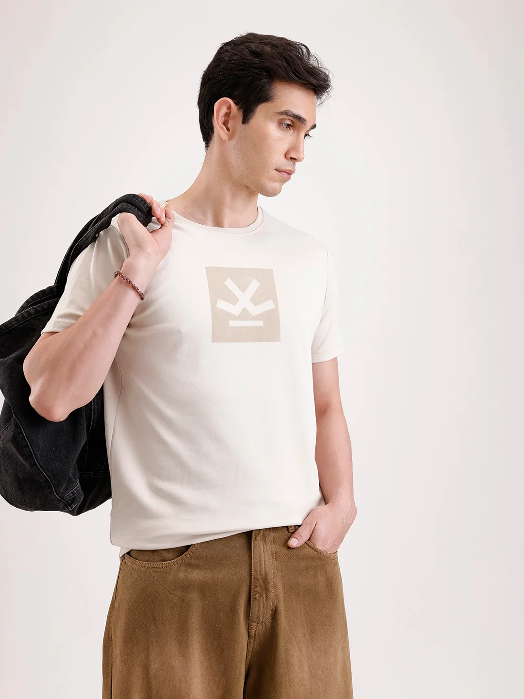 Solid Flock Printed T-Shirt | Beige
