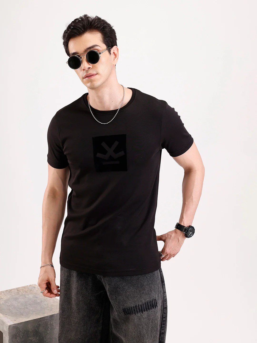 Solid Flock Printed T-Shirt | Black