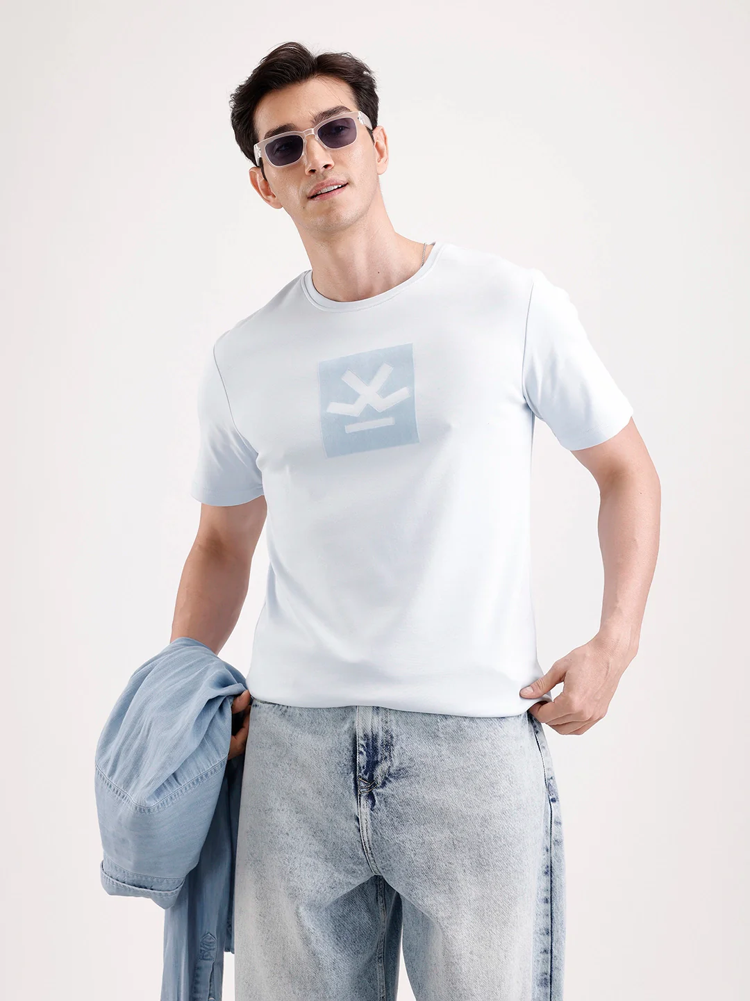 Solid Flock Printed T-Shirt | Light Blue