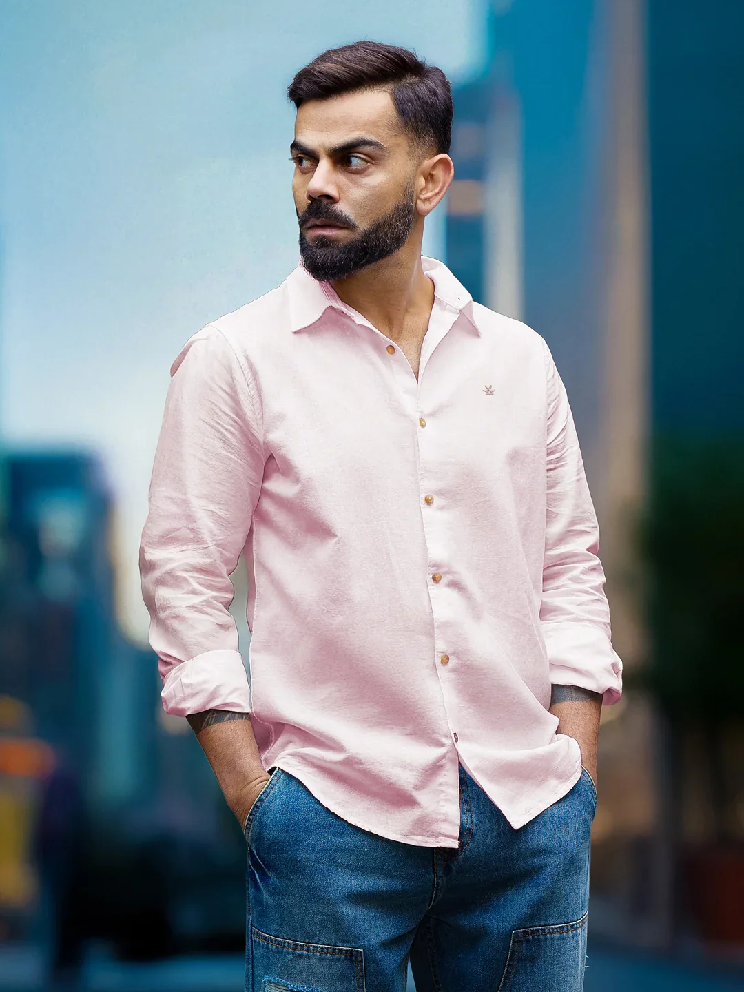 Solid Linen Blend Slim Fit Shirt | Pink
