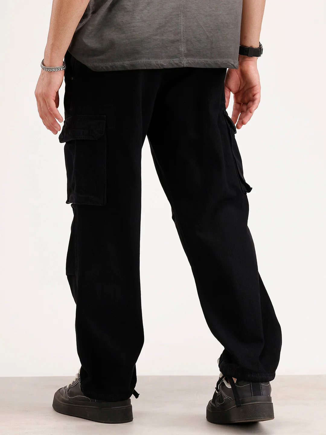 Solid Loose Fit Denim Cargo | Black - Image 3