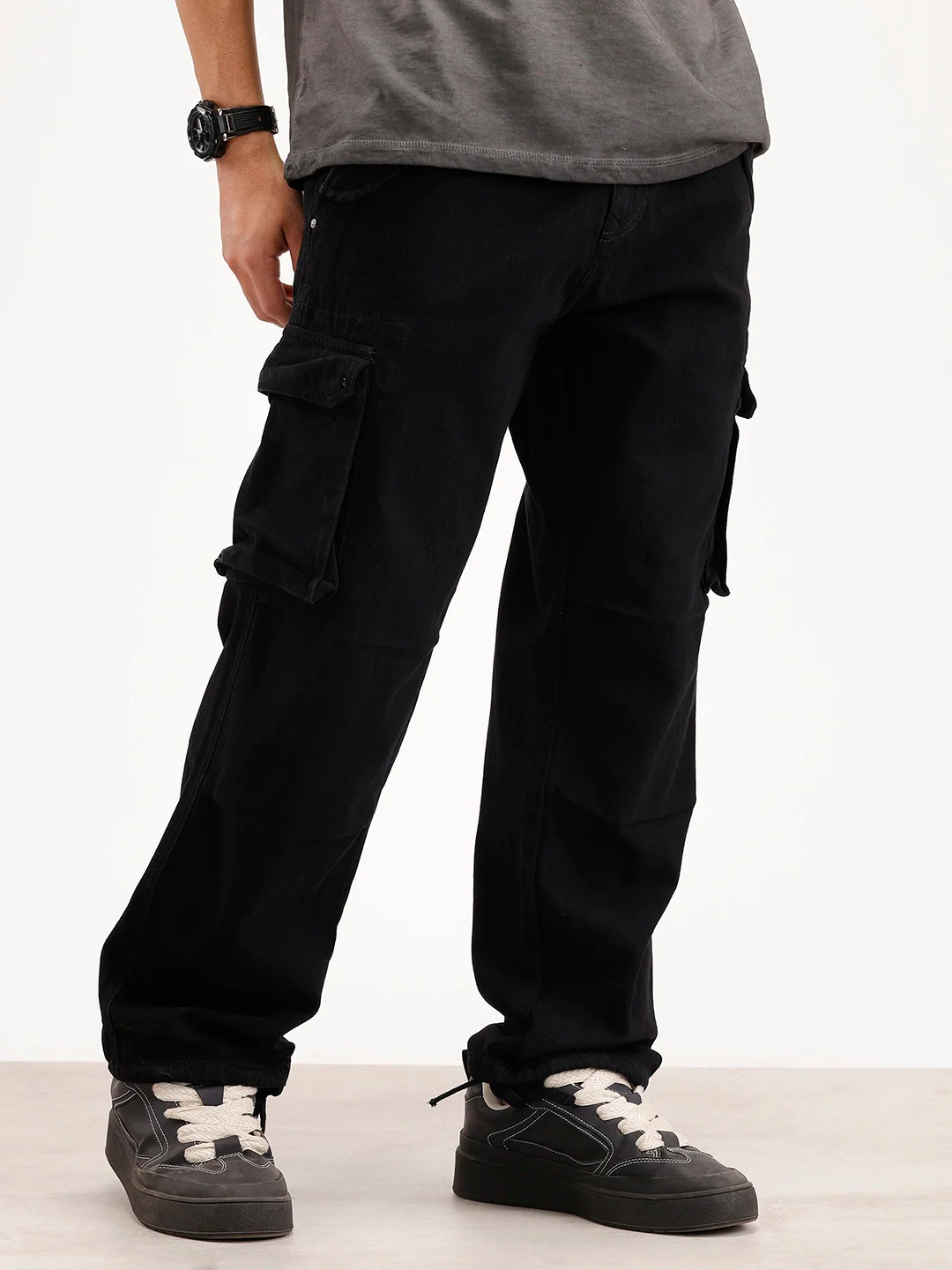 Solid Loose Fit Denim Cargo | Black - Image 4