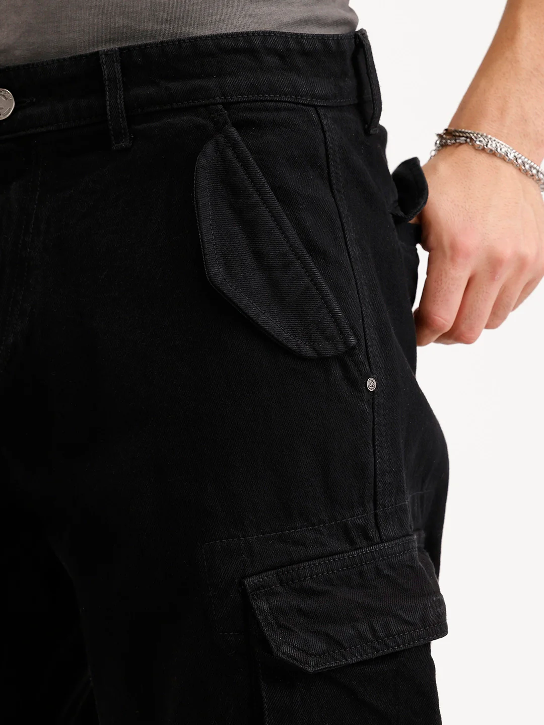 Solid Loose Fit Denim Cargo | Black - Image 5