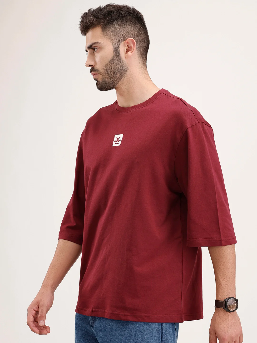 Solid Oversized 3/4 Sleeve T-Shirt | Maroon - Image 4