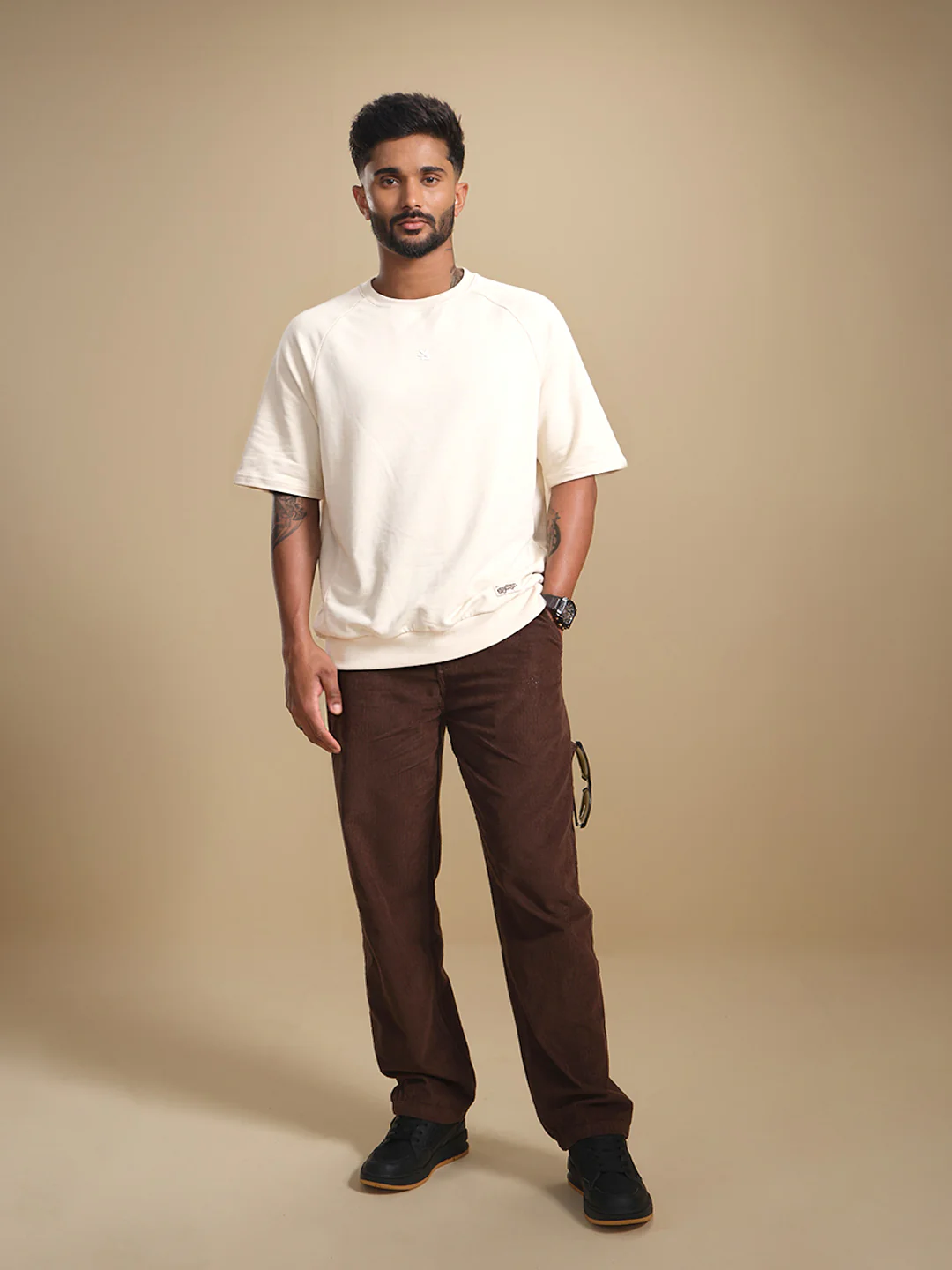 Solid Oversized Crew Neck T-shirt | Beige - Image 2