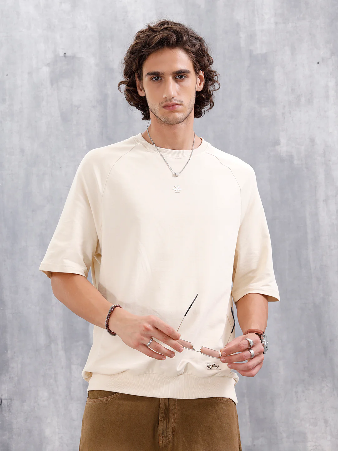 Solid Oversized Crew Neck T-shirt | Beige - Image 3