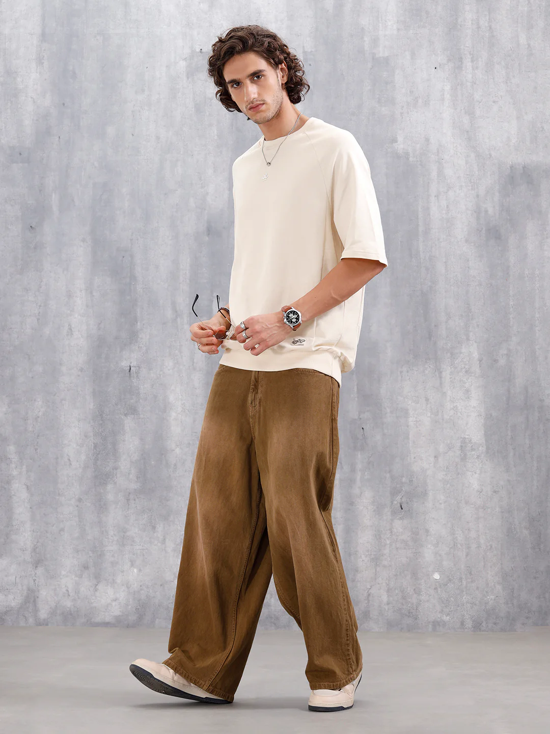Solid Oversized Crew Neck T-shirt | Beige - Image 4