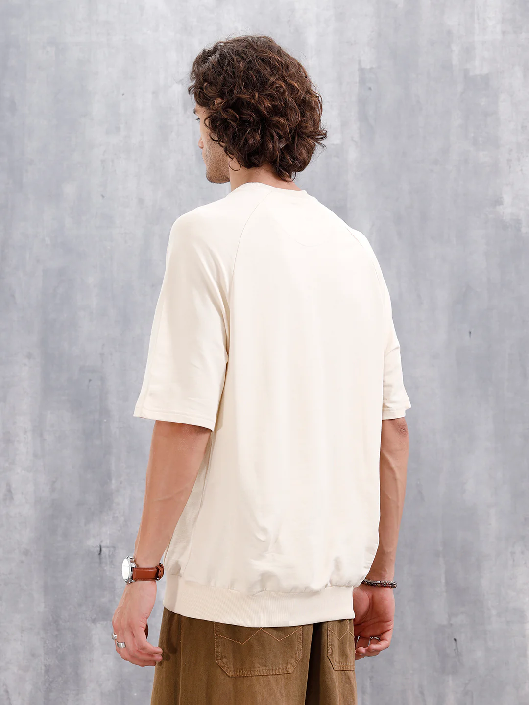 Solid Oversized Crew Neck T-shirt | Beige - Image 5