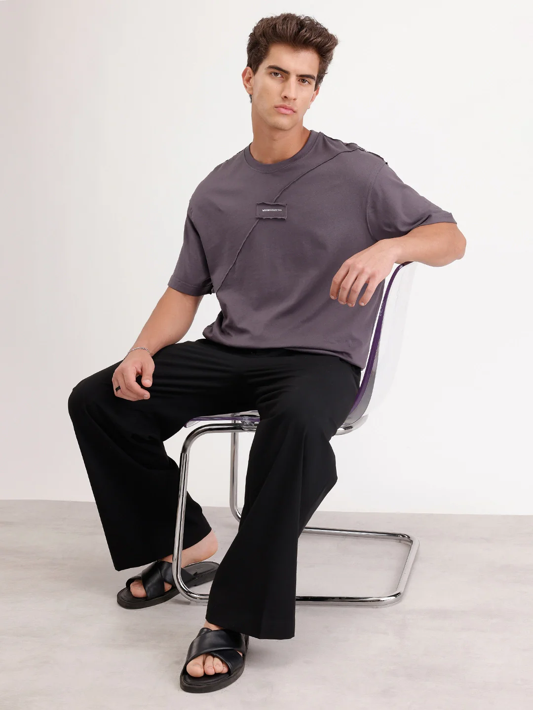 Solid Oversized Cut & Sew T-Shirt | Dark Grey - Image 2