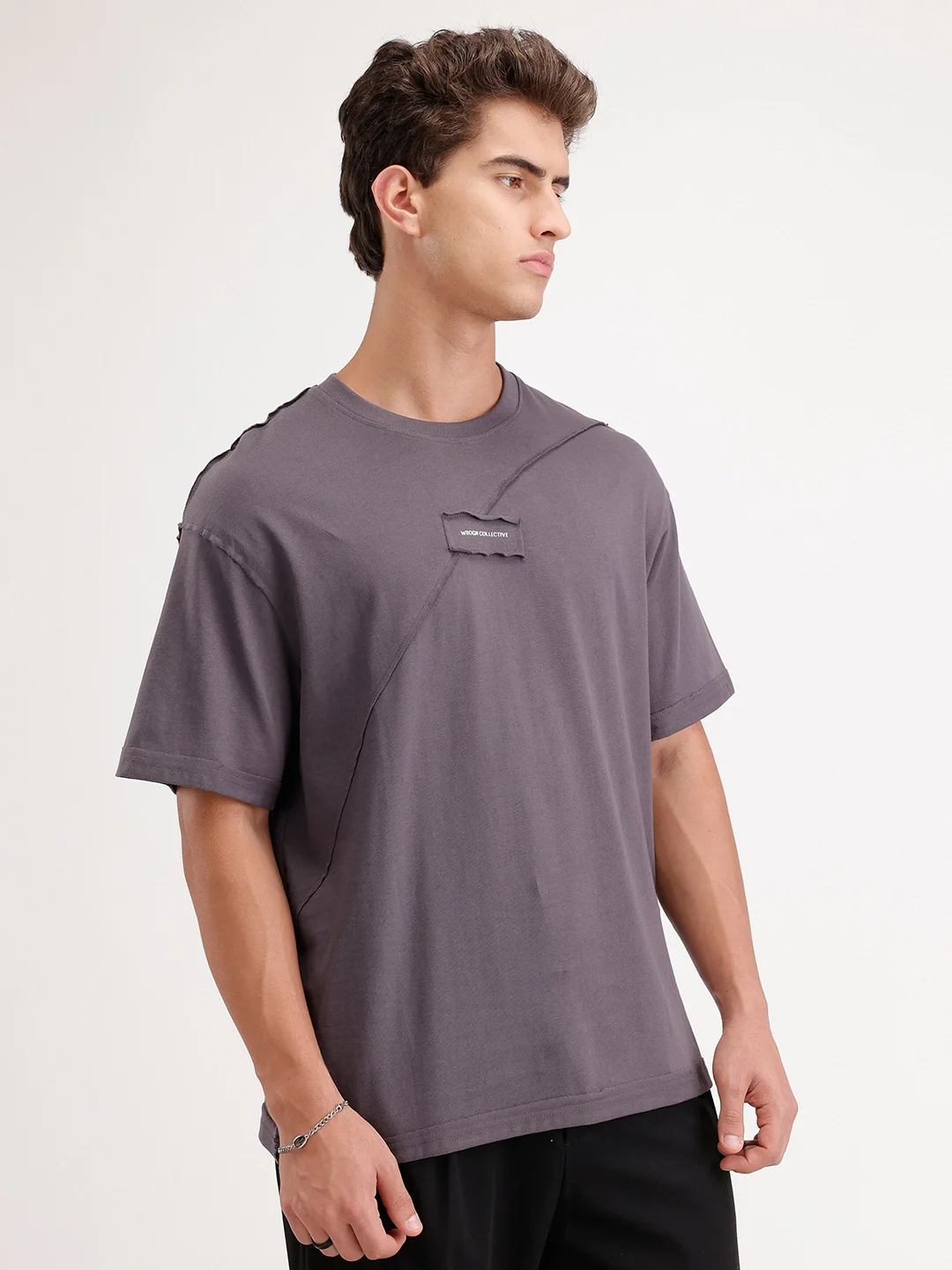 Solid Oversized Cut & Sew T-Shirt | Dark Grey - Image 4