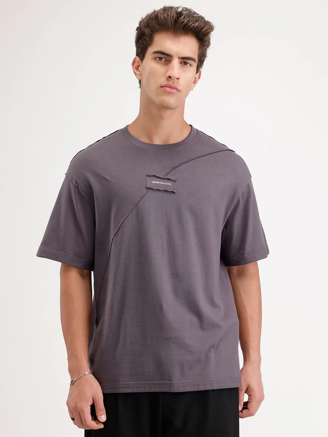 Solid Oversized Cut & Sew T-Shirt | Dark Grey - Image 7
