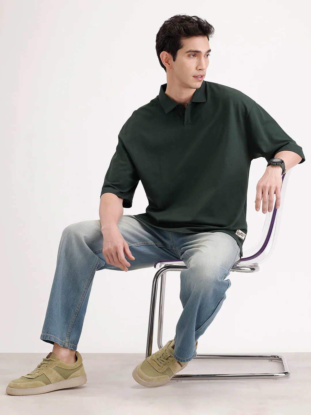 Solid Oversized Polo T-Shirt | Dark Green - Image 2