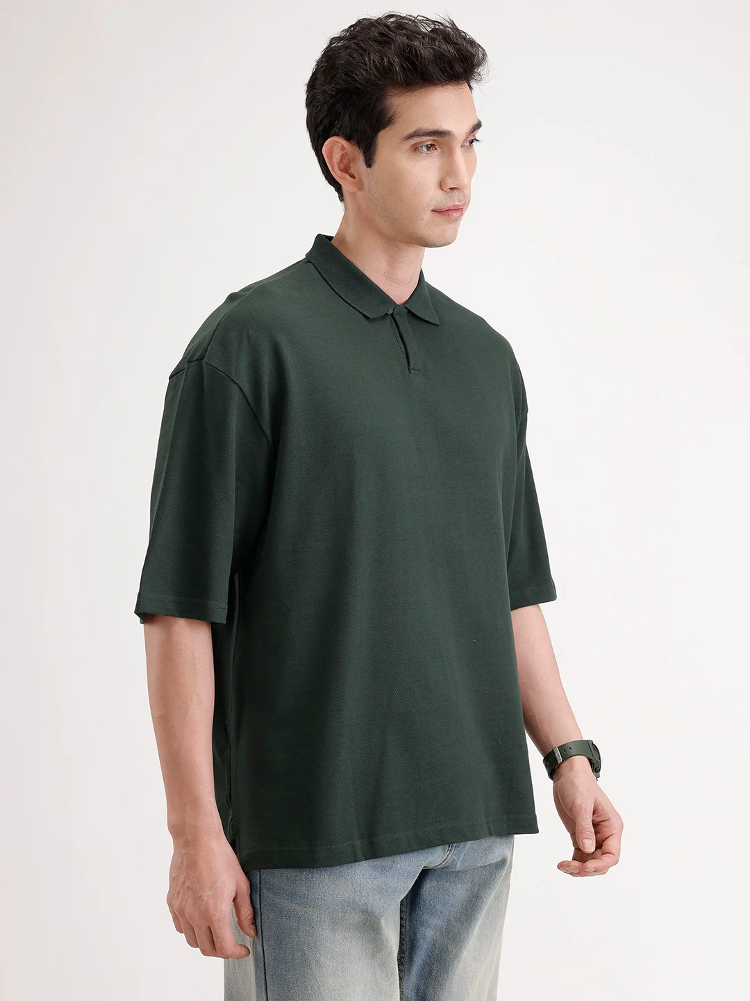 Solid Oversized Polo T-Shirt | Dark Green - Image 4