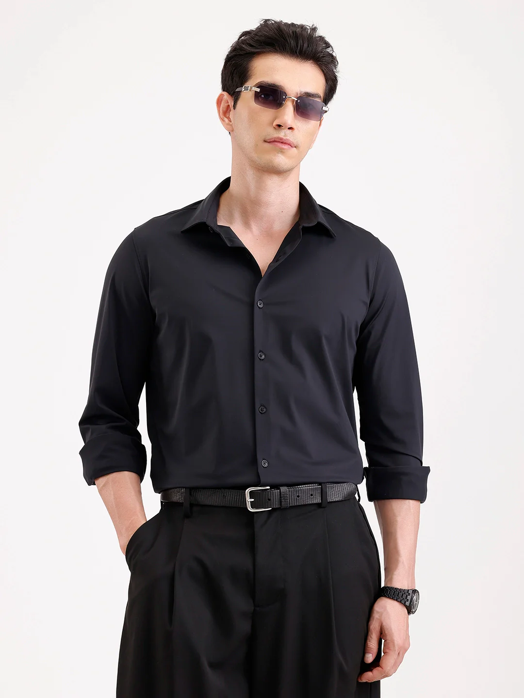 Solid Slim Fit Full Sleeve Shirt | Black