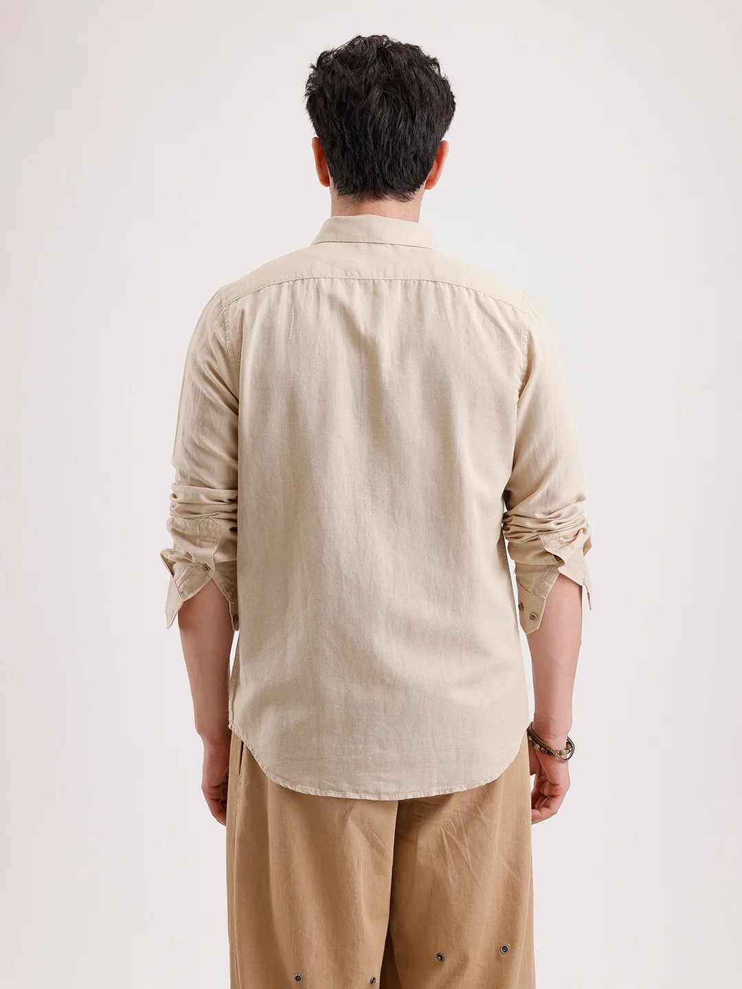 Solid Slim Fit Linen Blend Shirt | Khaki - Image 3