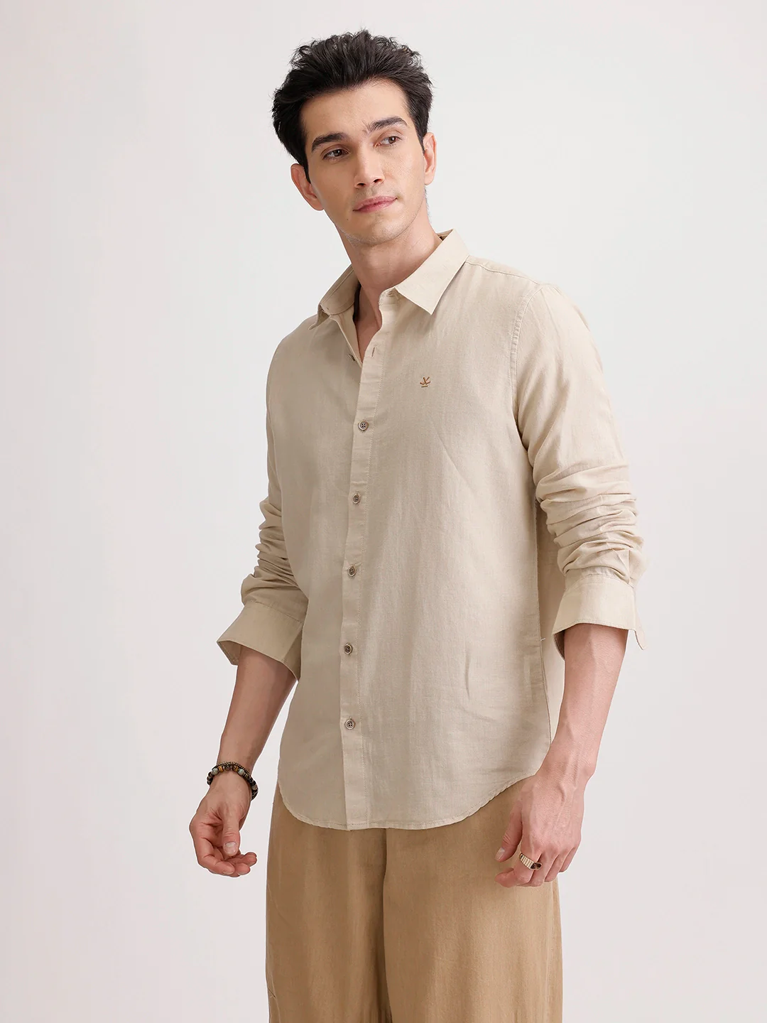 Solid Slim Fit Linen Blend Shirt | Khaki - Image 4