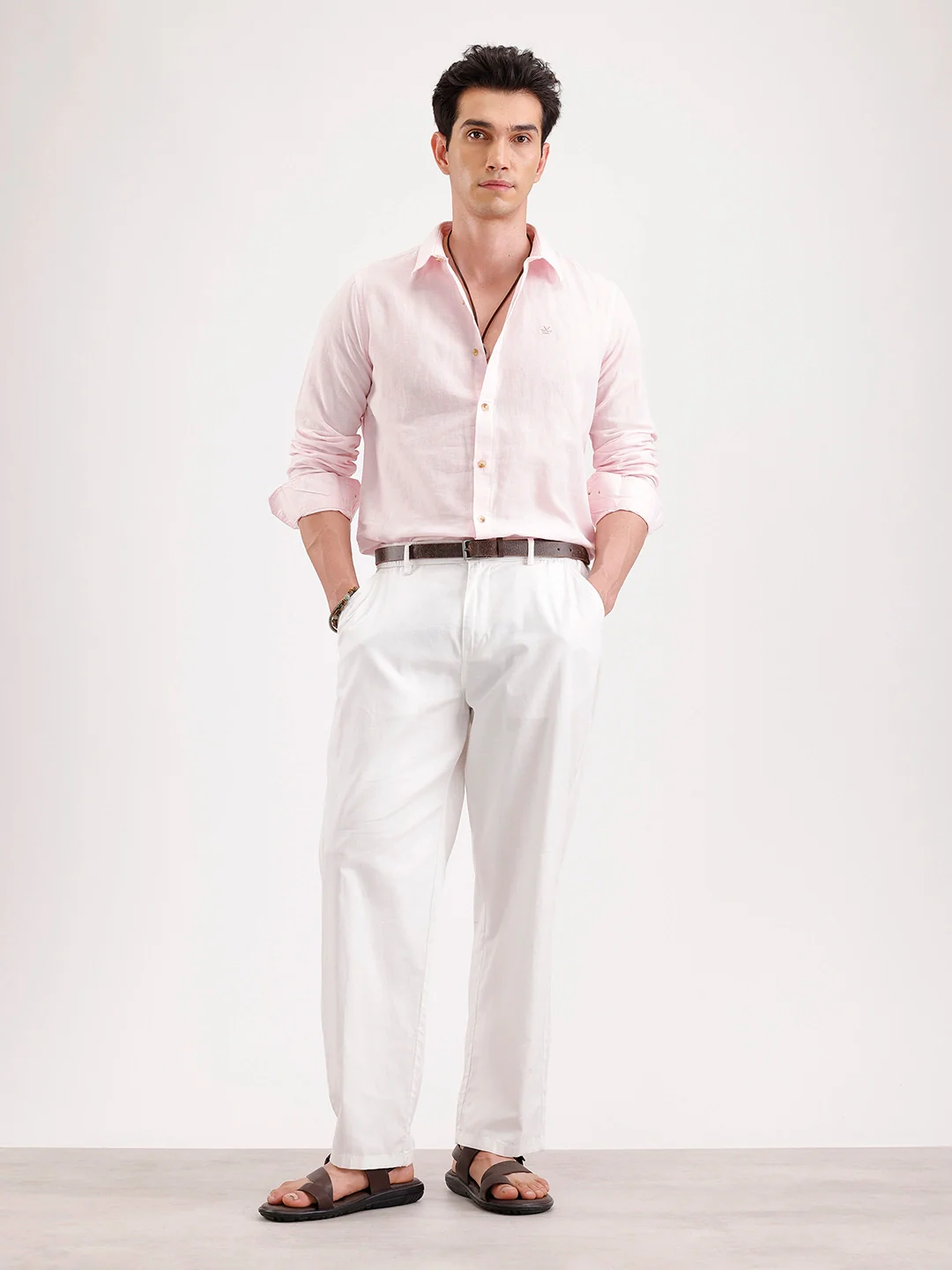 Solid Slim Fit Linen Blend Shirt | Pink - Image 2