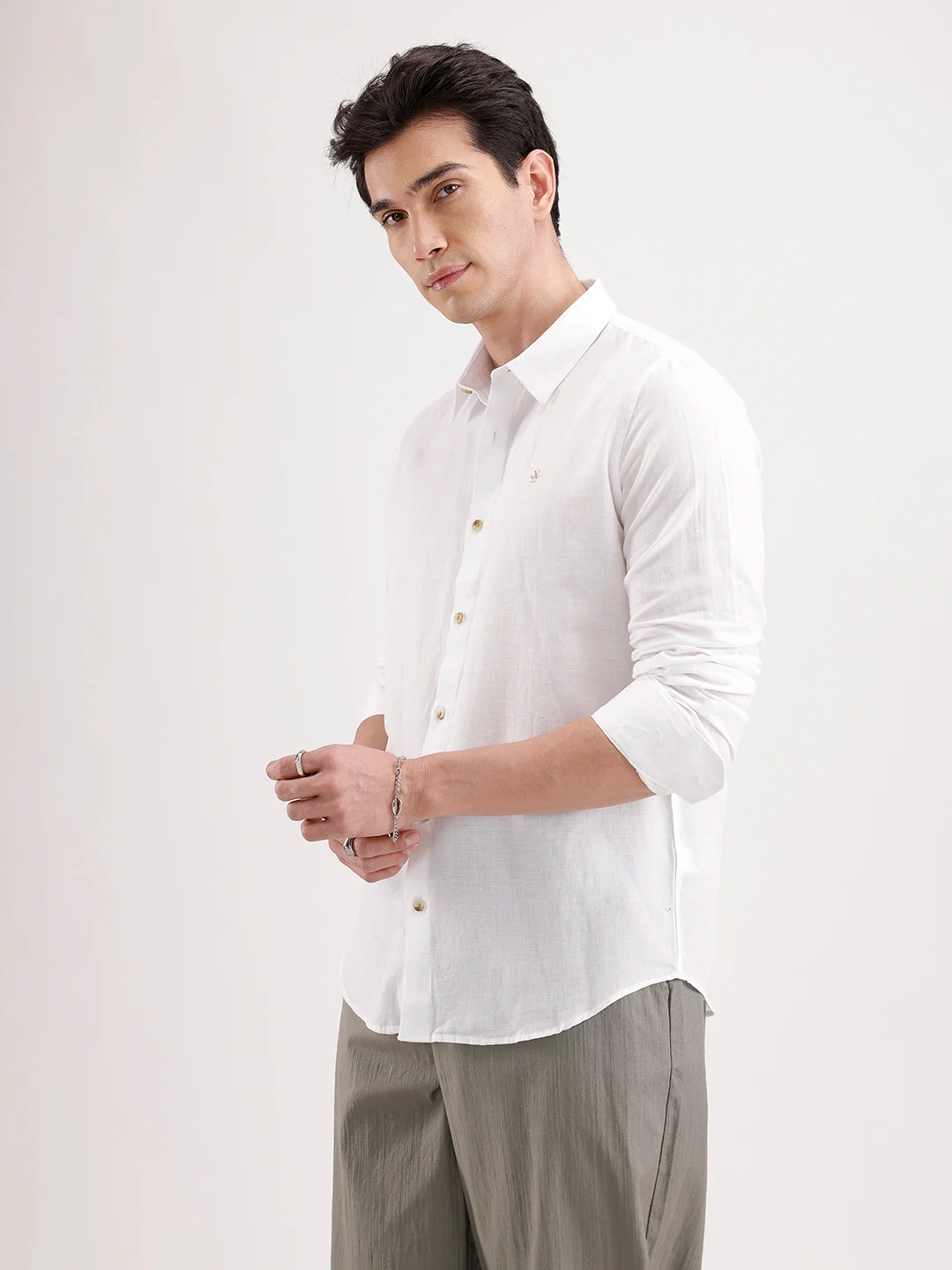 Solid Slim Fit Linen Blend Shirt | White - Image 4