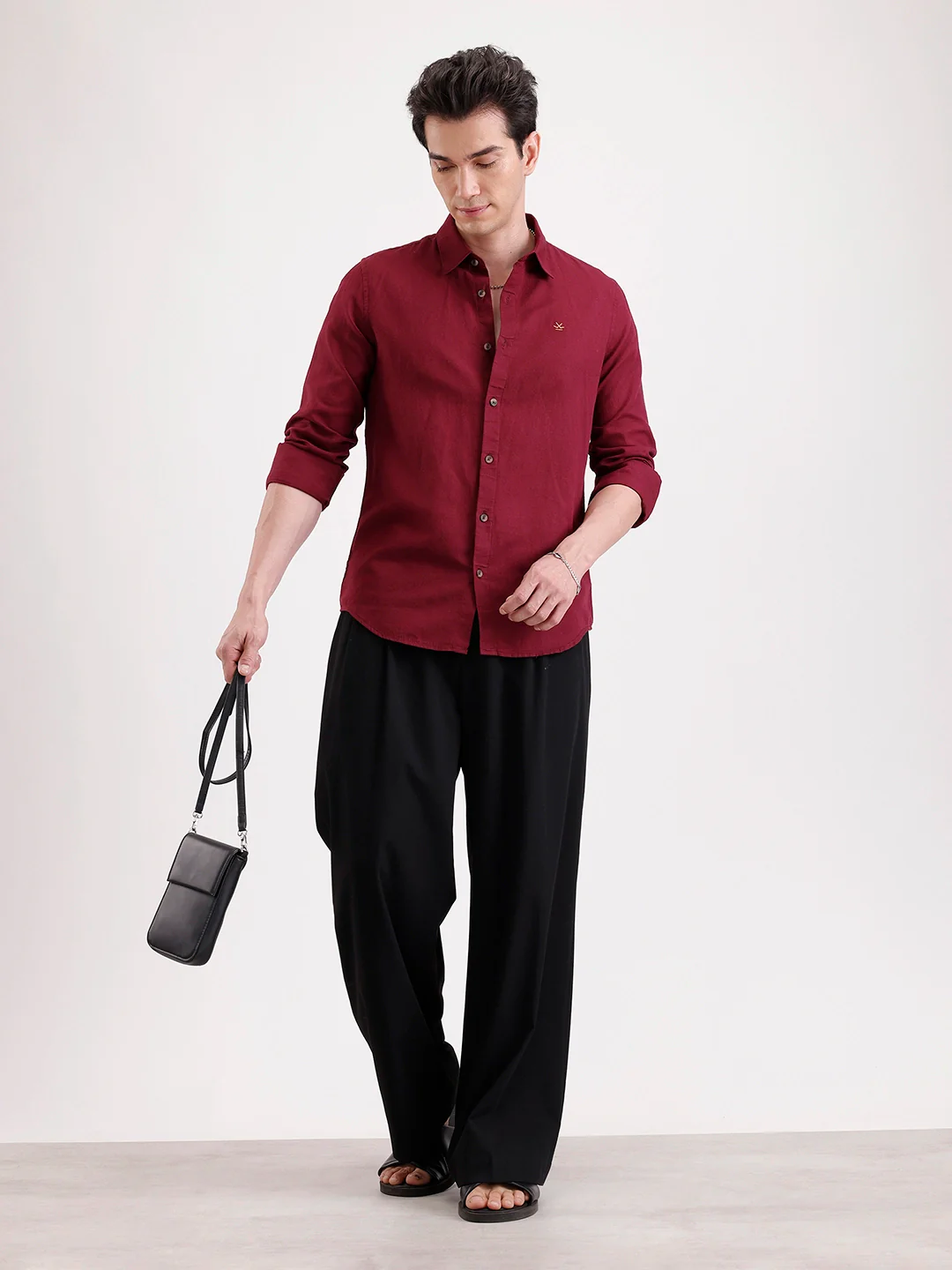 Solid Slim Fit Linen Blend Shirt | Wine - Image 2