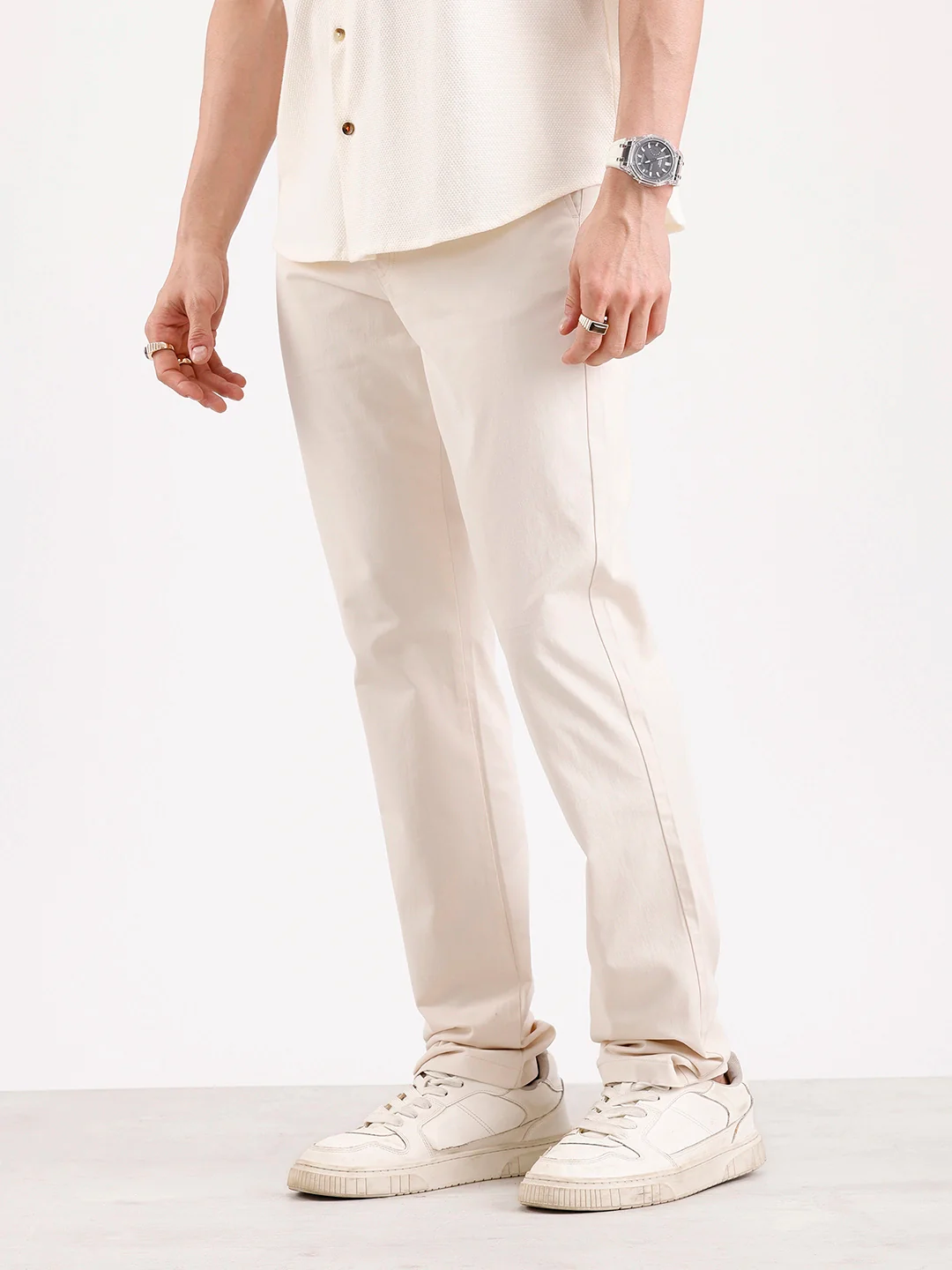 Solid Slim Fit Trouser | Cream - Image 4