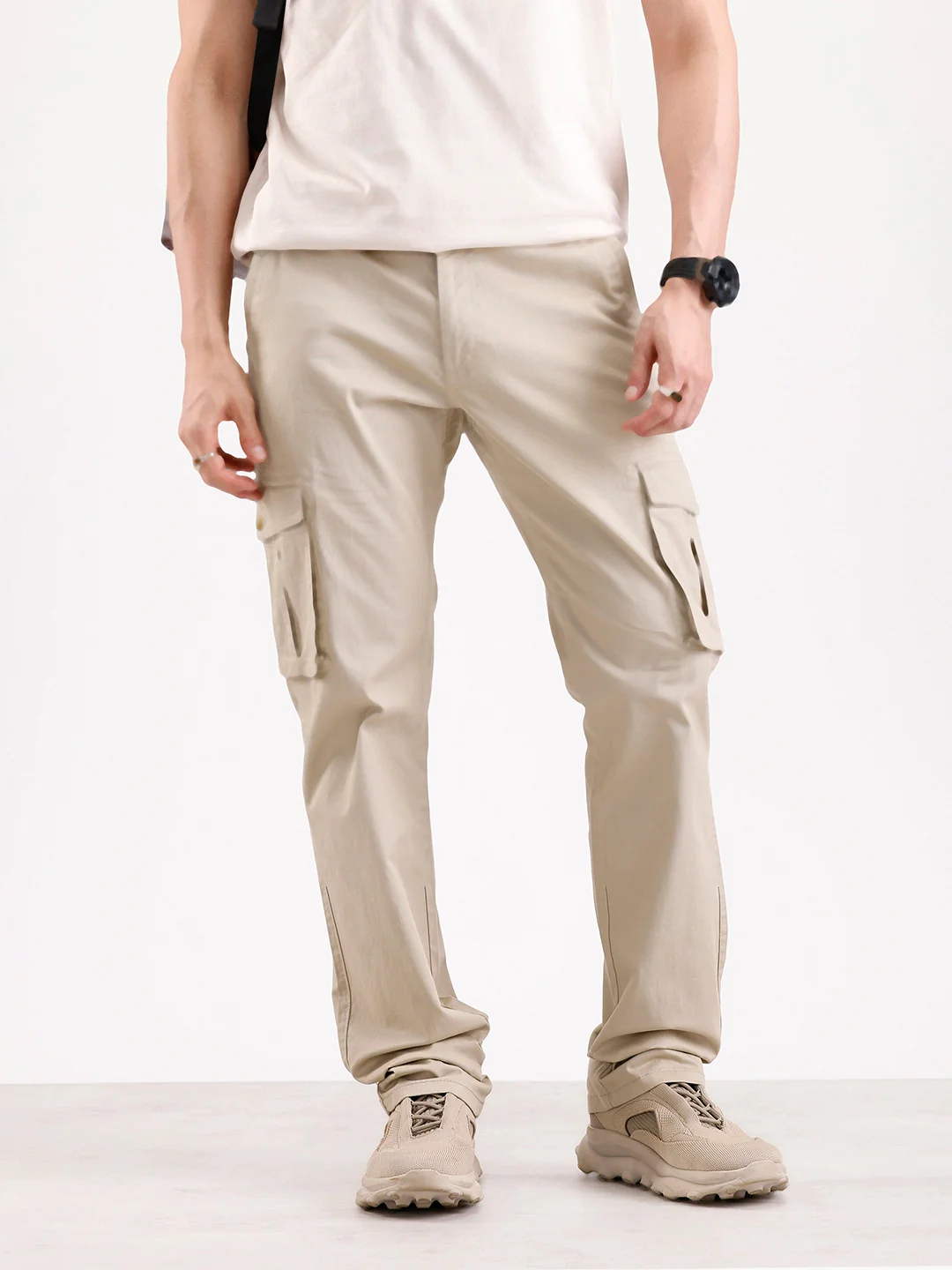 Solid Straight Fit Cargo Trouser | Beige