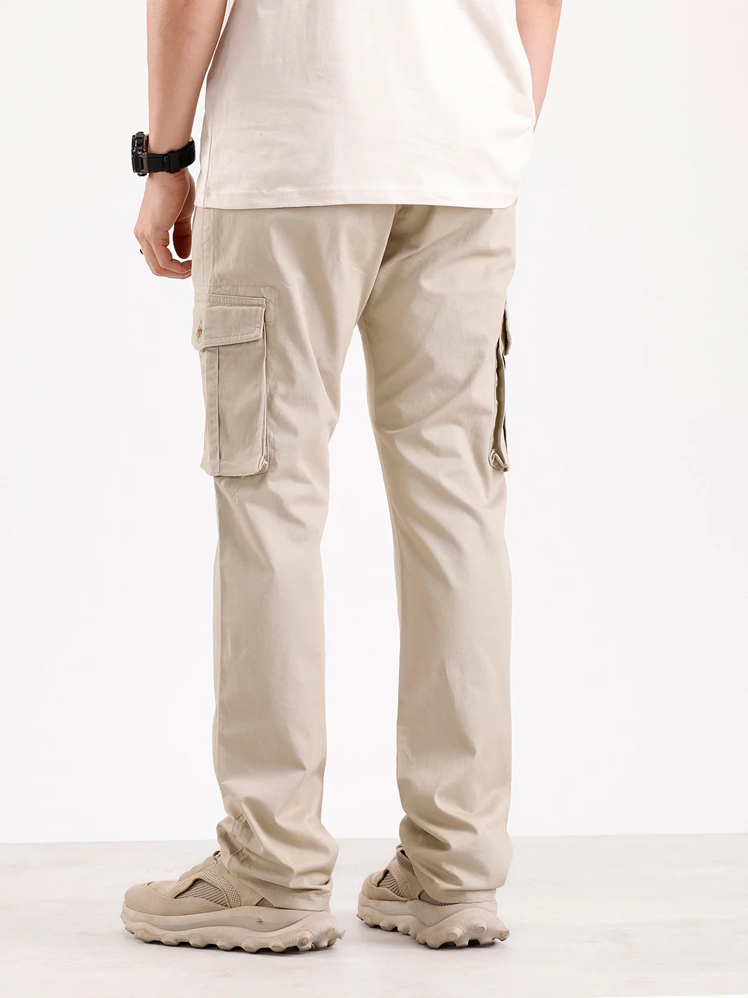 Solid Straight Fit Cargo Trouser | Beige - Image 3