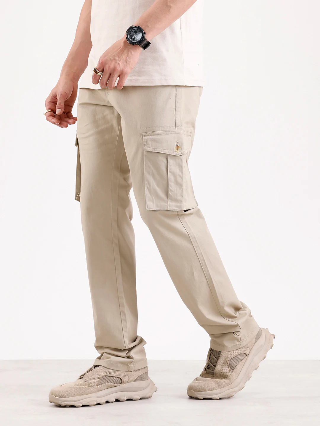 Solid Straight Fit Cargo Trouser | Beige - Image 4