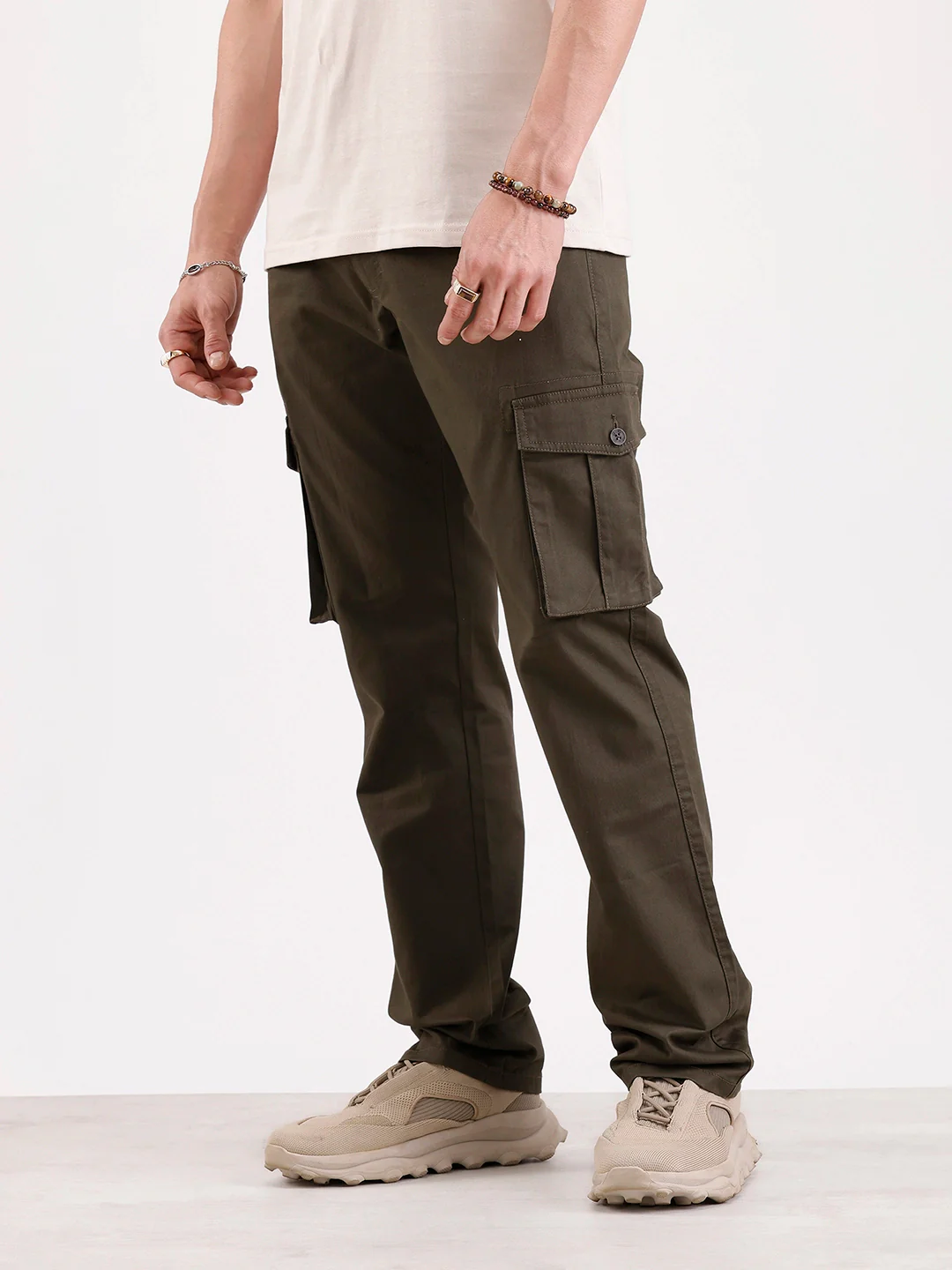 Solid Straight Fit Cargo Trouser | Olive - Image 4