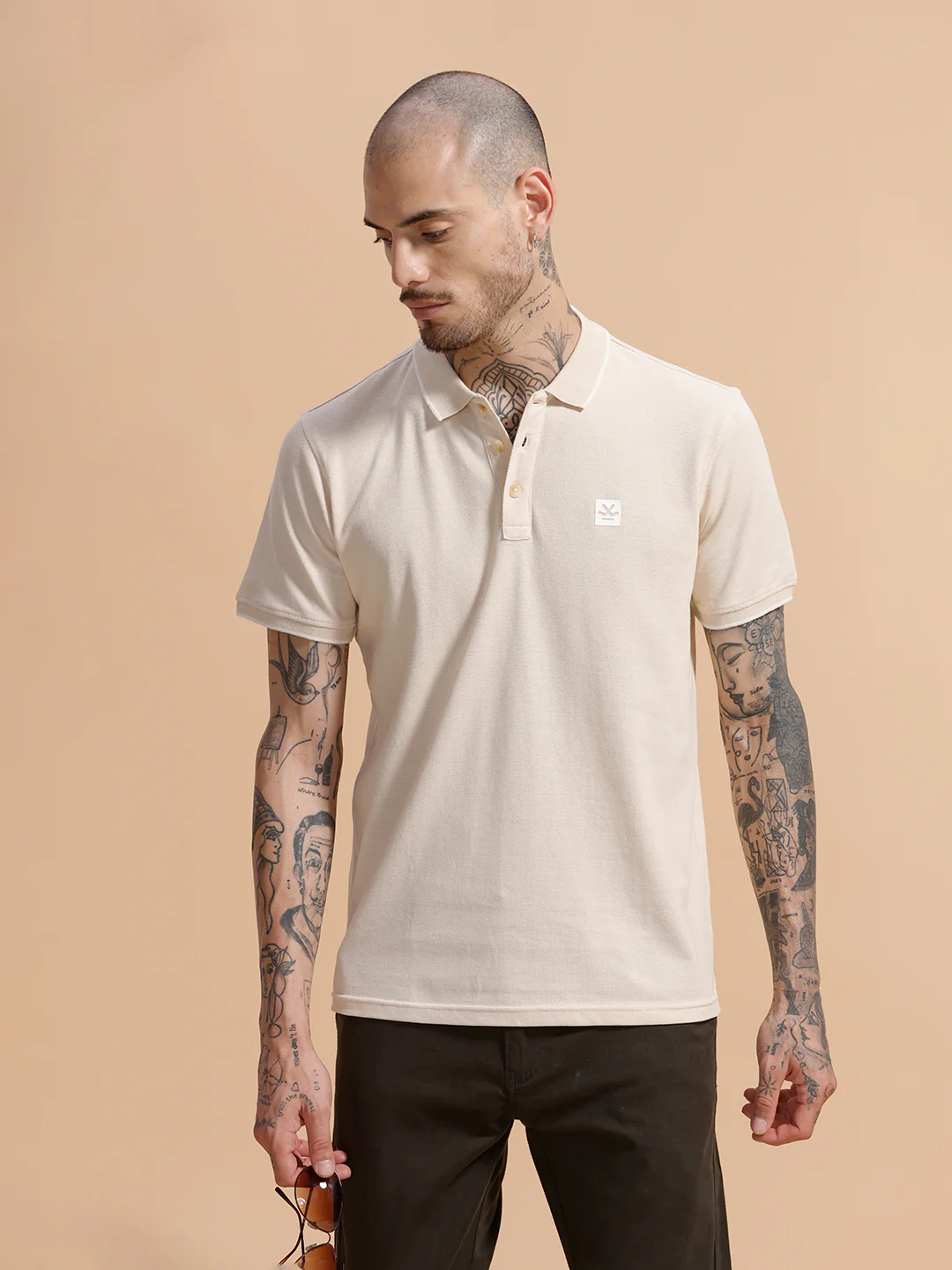 Solid Tipped Collar Polo T-Shirt | Beige