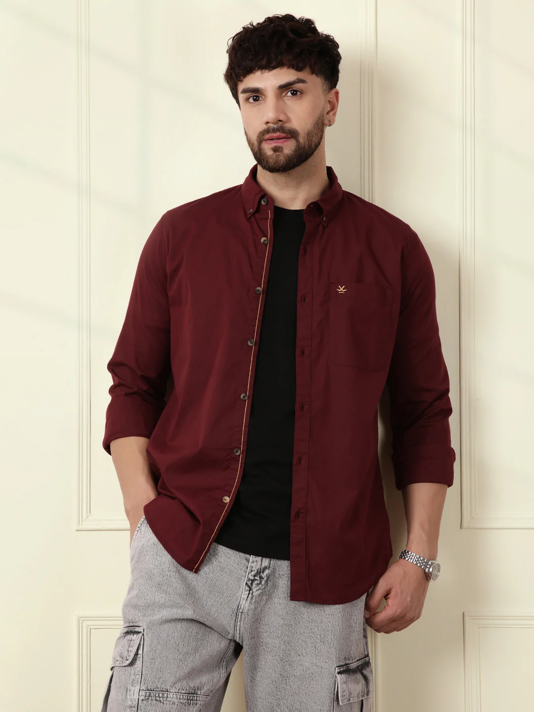 Solid Cotton Blend Shirt | Wine - Image 2