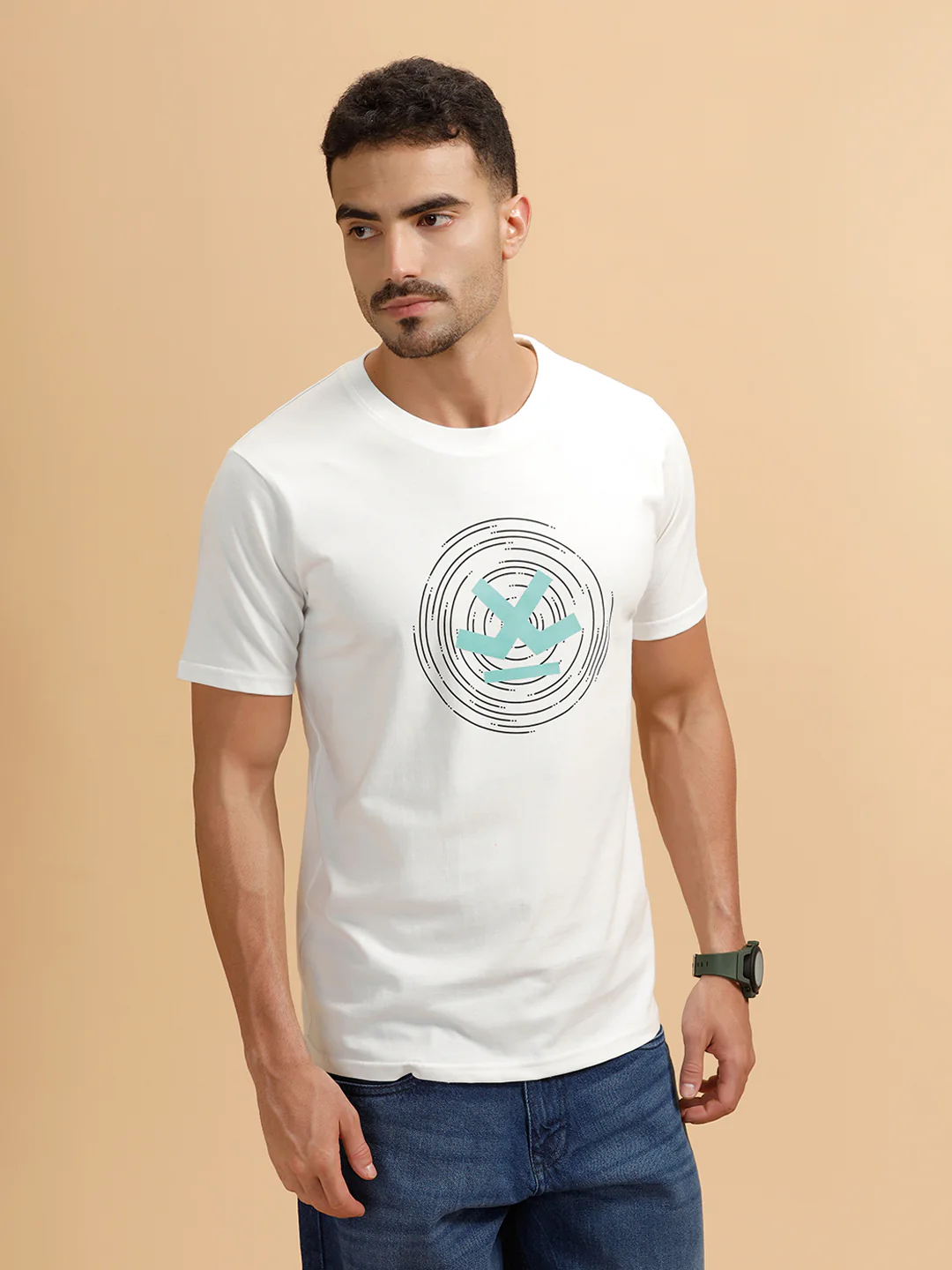 Spiral Motion Placement Printed T-Shirt | White