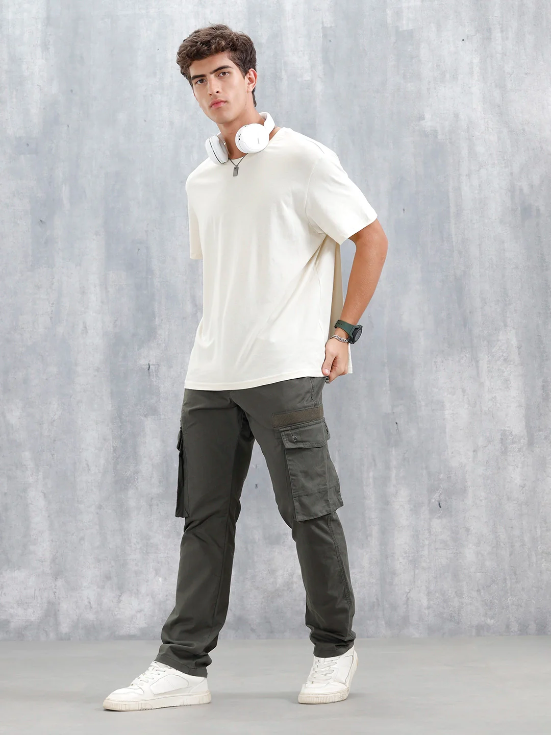 Straight Fit Cotton Twill Utility Trousers With Snap Pockets | Light Olive - Image 2