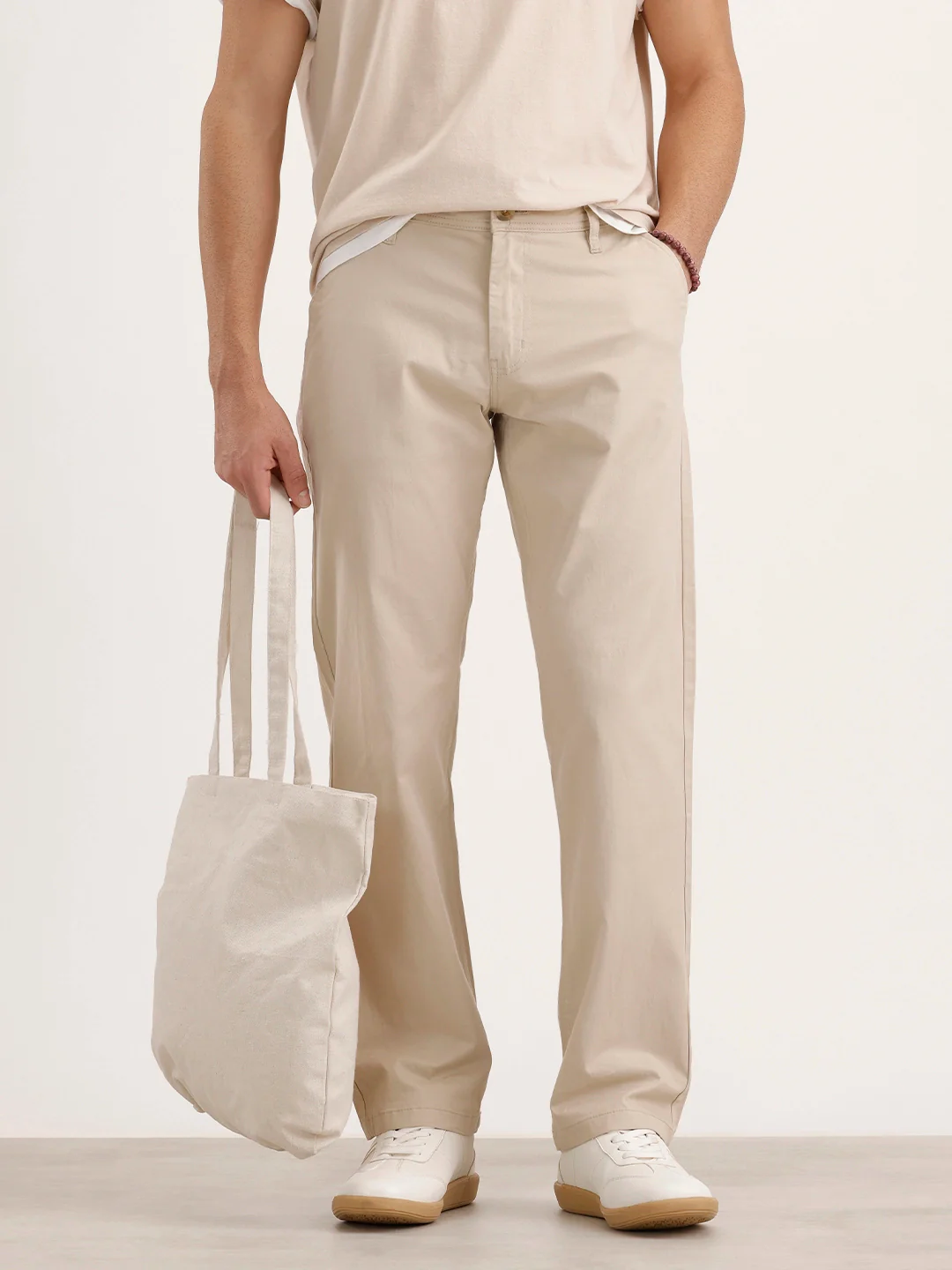Straight Fit Solid Chinos | Beige