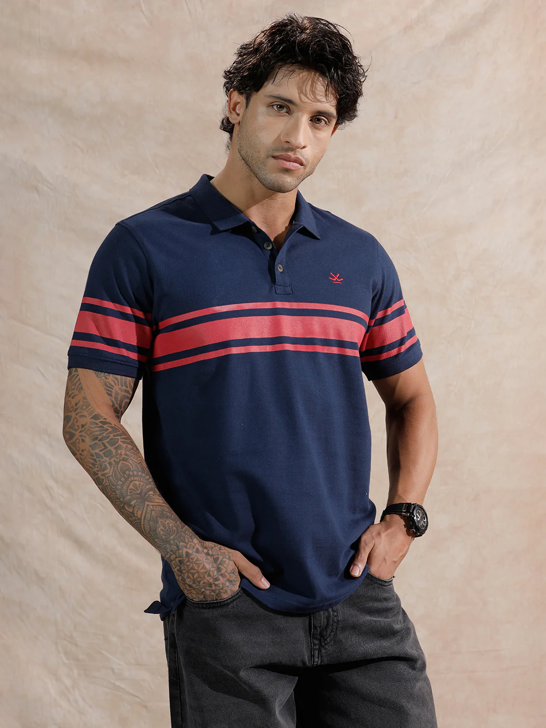 Striped Slim Fit Polo T-Shirt | Navy Blue