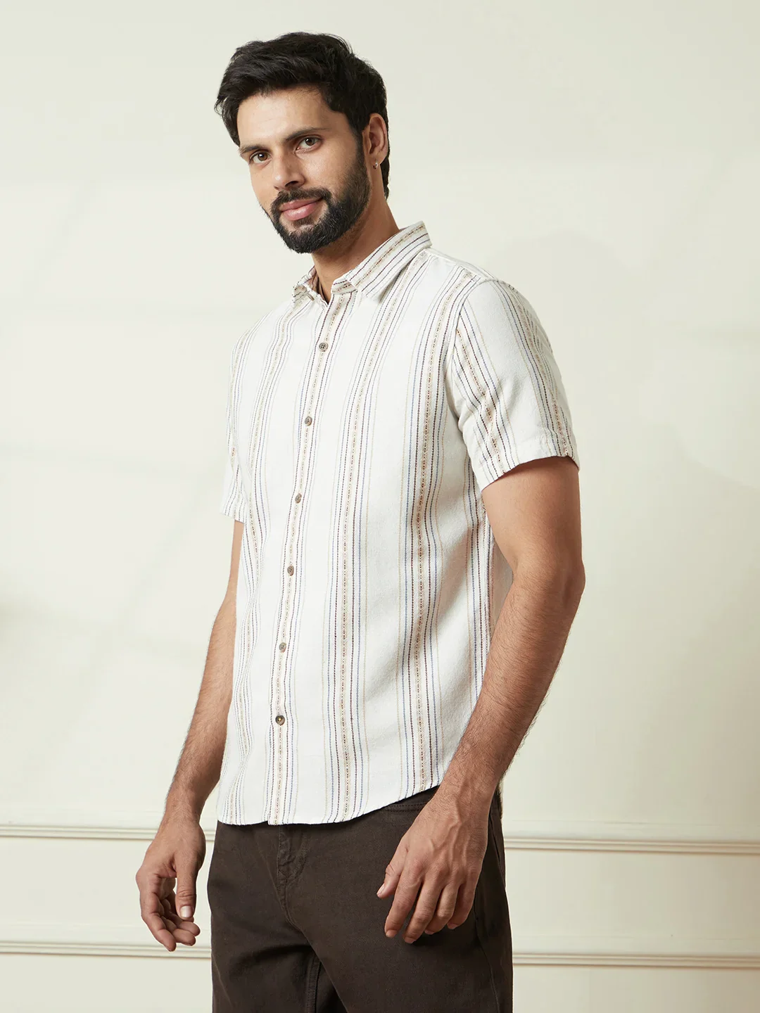 Striped Short Sleeve Textured Shirt | Off White - Image 4