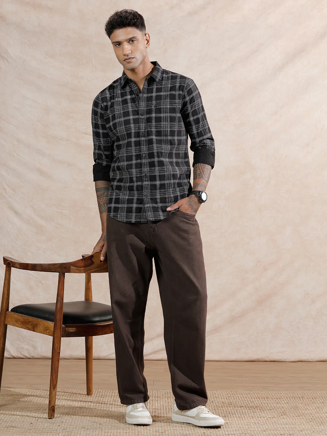 Textured Checks Regular Fit Shirt | Black - Image 2