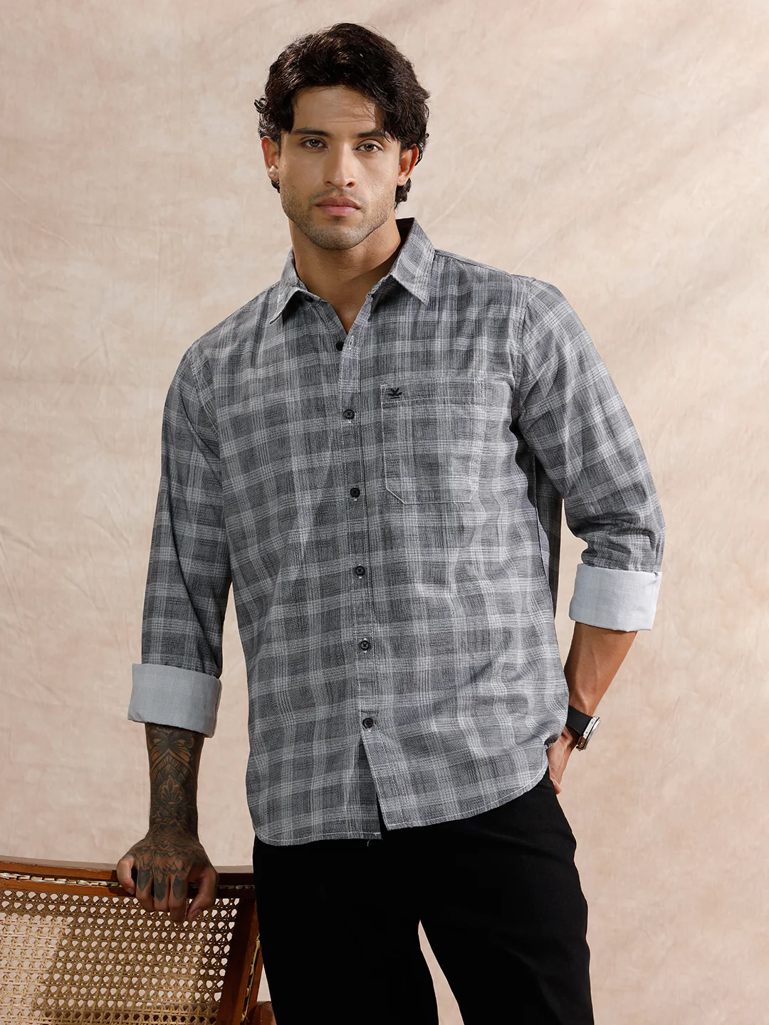 Textured Checks Regular Fit Shirt | Grey