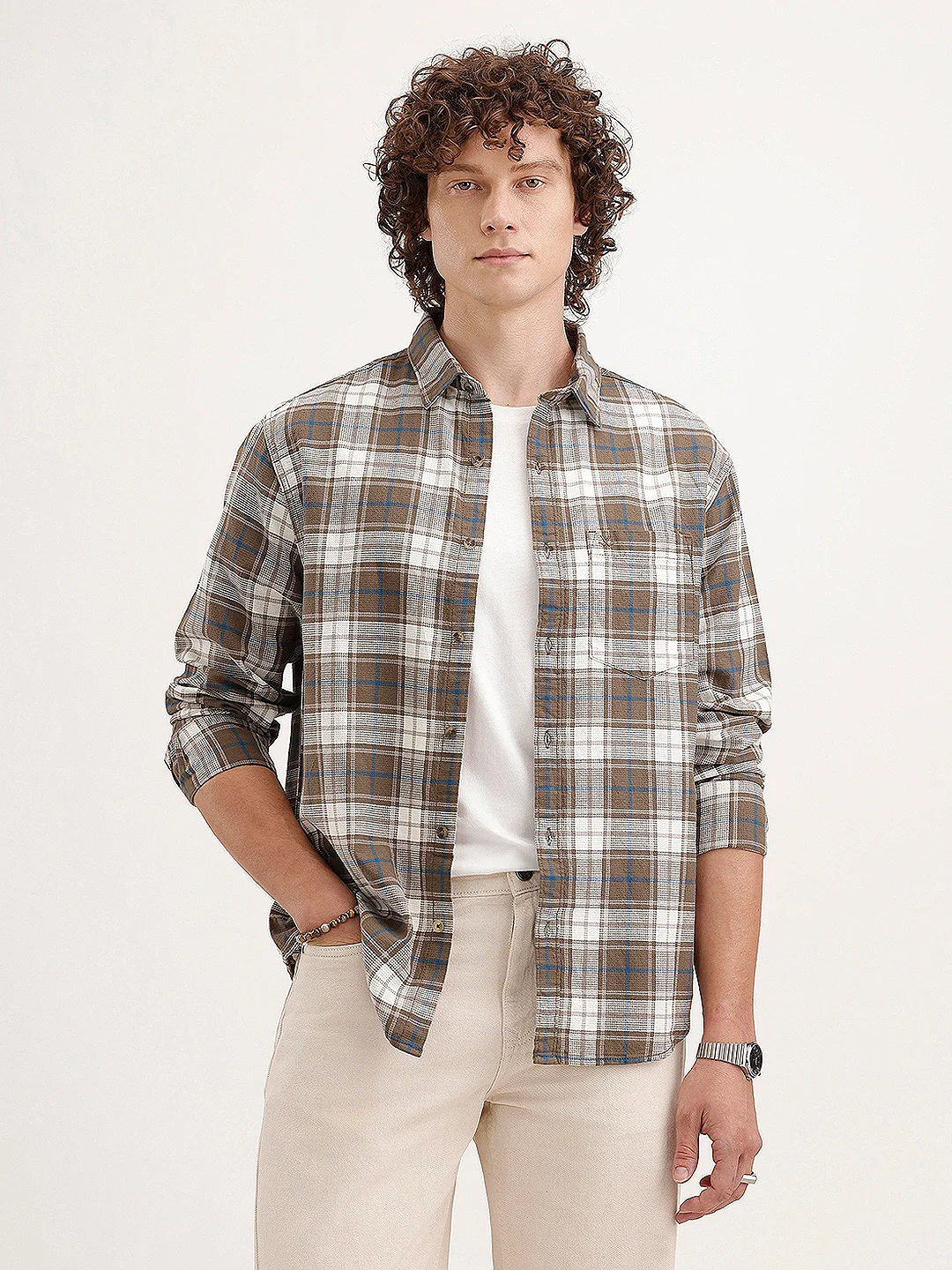 Textured Comfort Fit Checkered Pattern Shirt With Branding | Brown